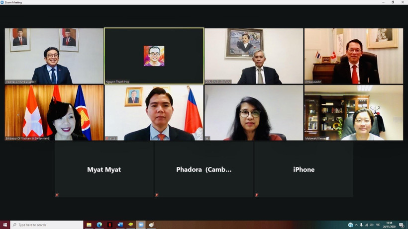 Cuộc họp trực tuyến đầu tiên trong nhiệm kỳ Chủ tịch Ủy ban ASEAN Bern (ACB) của Việt Nam. (Ảnh: Tố Uyên/TTXVN)