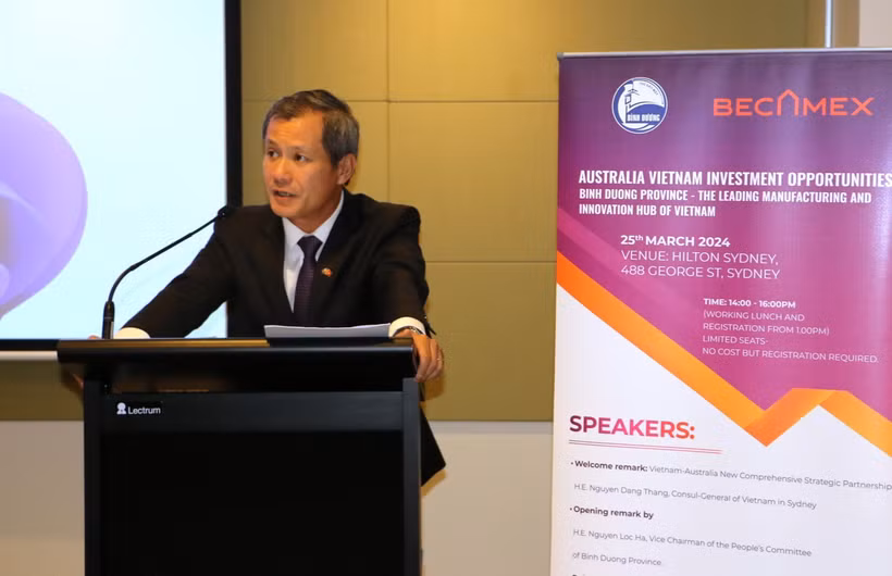 Ông Nguyễn Đăng Thắng - Tổng lãnh sự Việt Nam tại bang New South Wales, bang Nam Australia và bang Queensland - phát biểu tại hội thảo. (Ảnh: Văn Linh/TTXVN)