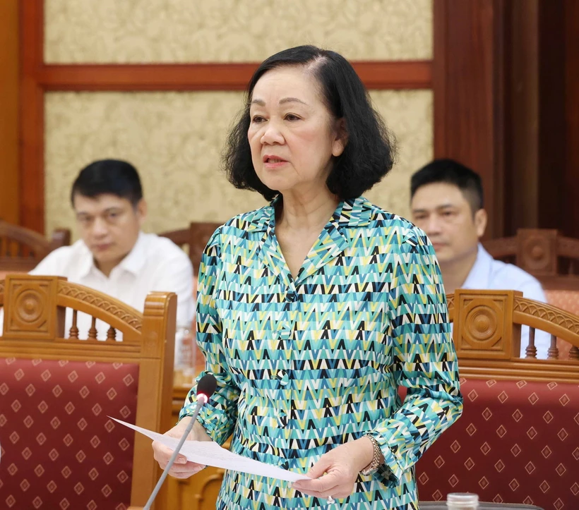 Bà Trương Thị Mai, Ủy viên Bộ Chính trị, Thường trực Ban Bí thư, Trưởng Ban Tổ chức Trung ương, Phó Trưởng Ban Thường trực Ban Chỉ đạo chủ trì Phiên họp. (Ảnh: Phương Hoa/TTXVN)