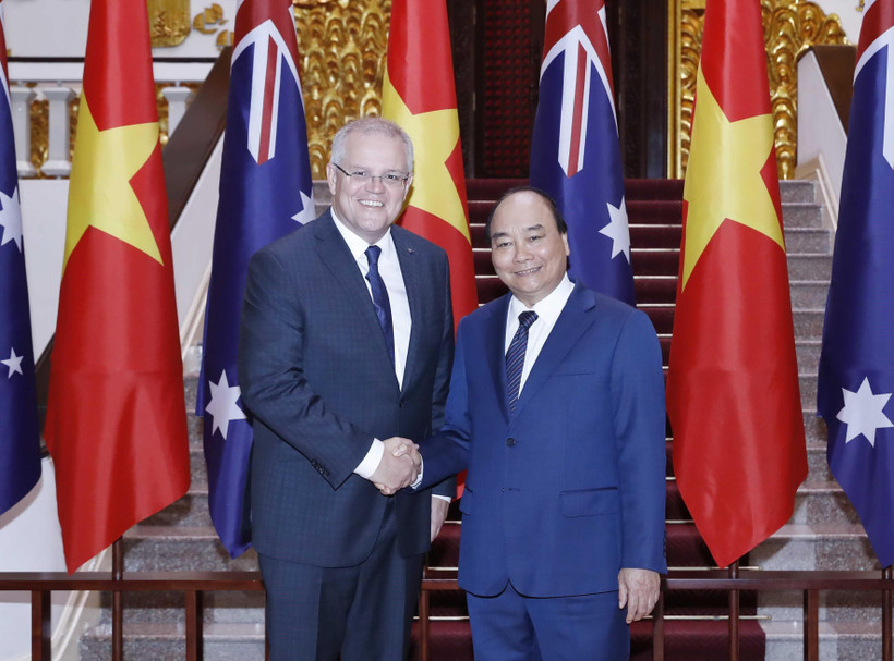 Thủ tướng Nguyễn Xuân Phúc và Thủ tướng Australia Scott Morrison tại Trụ sở Chính phủ. (Ảnh: Thống Nhất/TTXVN)