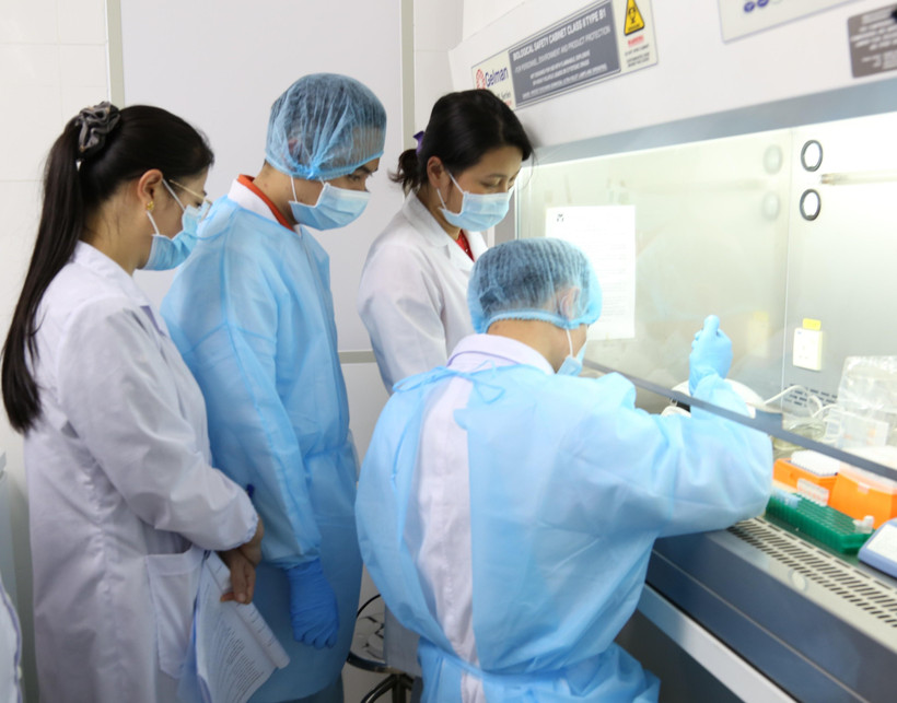 Cán bộ các tỉnh phía Bắc thực hành tại phòng tách chiết mẫu bệnh phẩm, Trung tâm kiểm soát bệnh tật tỉnh Yên Bái. (Ảnh: Đức Tưởng/TTXVN)