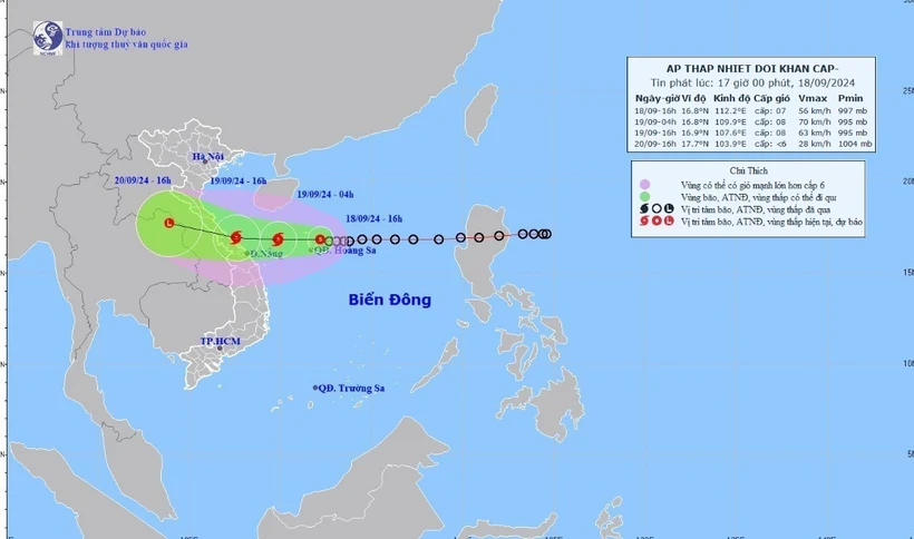 Đường đi của vùng áp thấp lúc 16h ngày 18/9/2024. (Ảnh: TTXVN phát)