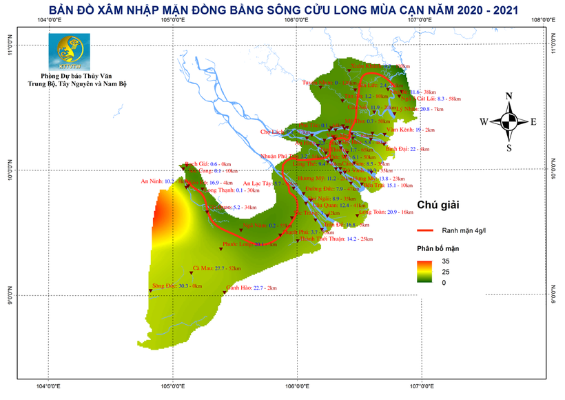Bản đồ dự báo xâm nhập mặn khu vực Đồng bằng sông Cửu Long. (Nguồn: KTTV)