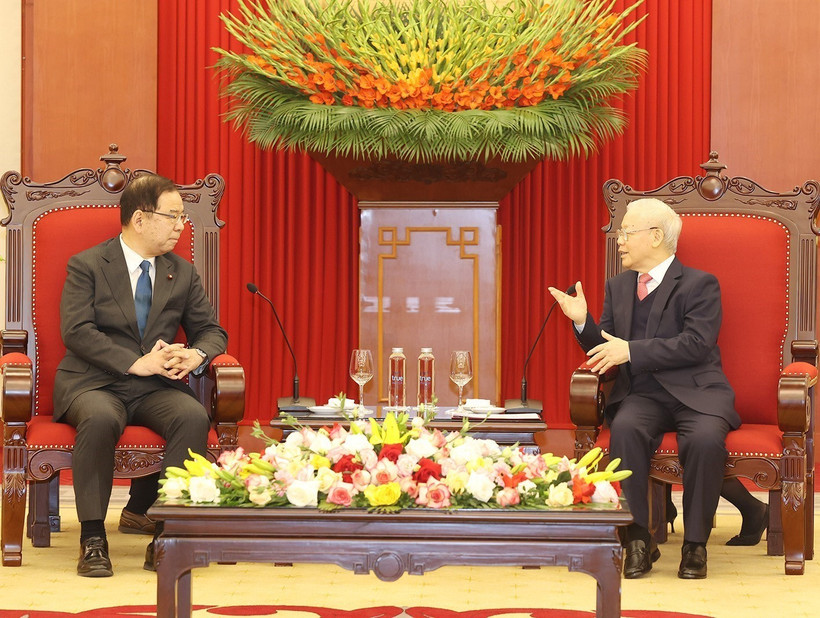 Tổng Bí thư Nguyễn Phú Trọng tiếp ông Shii Kazuo, Chủ tịch Đoàn Chủ tịch Ban Chấp hành Trung ương Đảng Cộng sản Nhật Bản sang thăm và làm việc tại Việt Nam. (Ảnh: Trí Dũng/TTXVN)