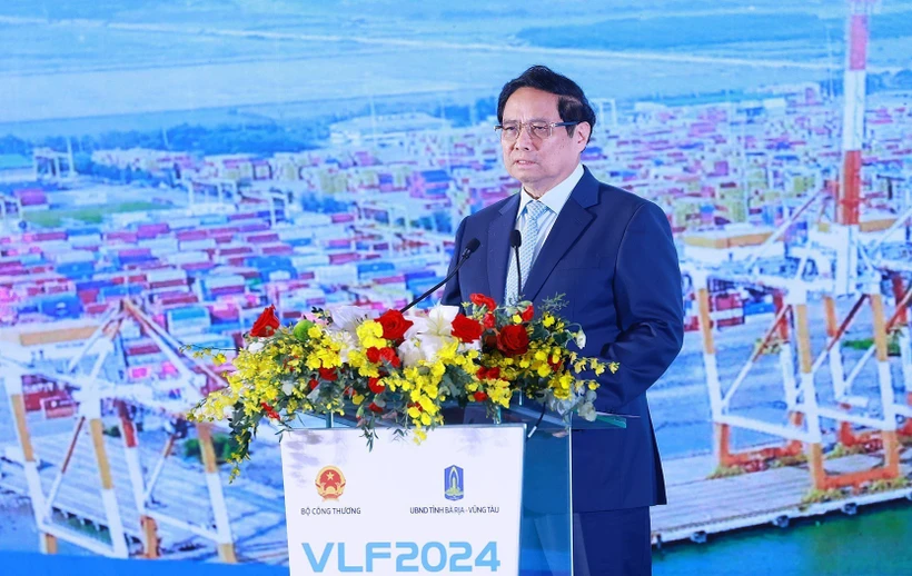 Thủ tướng Phạm Minh Chính phát biểu tại Diễn đàn Logistics Việt Nam năm 2024. (Ảnh: Dương Giang/TTXVN)