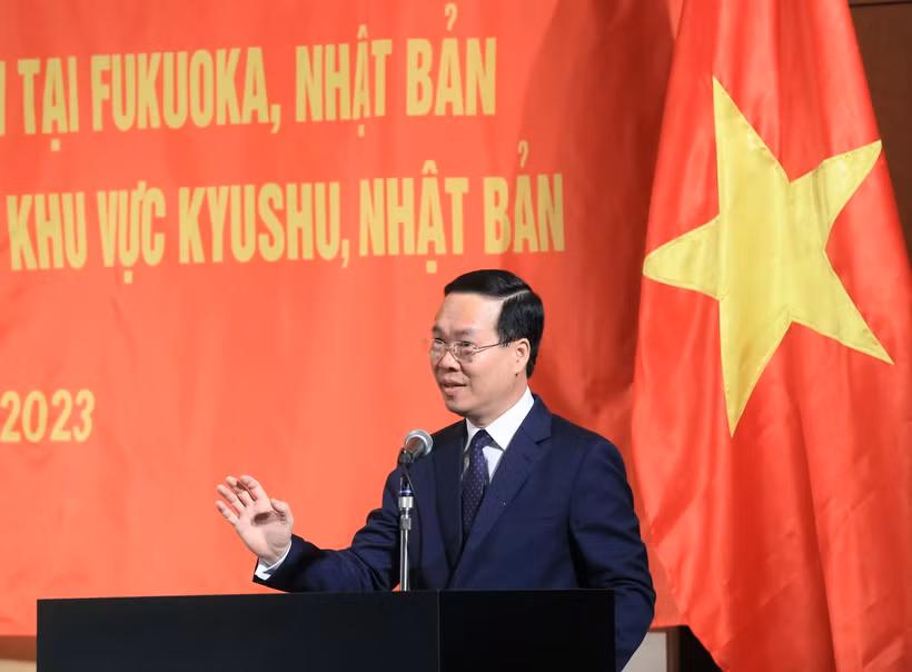 Chủ tịch nước Võ Văn Thưởng phát biểu tại buổi gặp. (Ảnh: Thống Nhất/TTXVN)