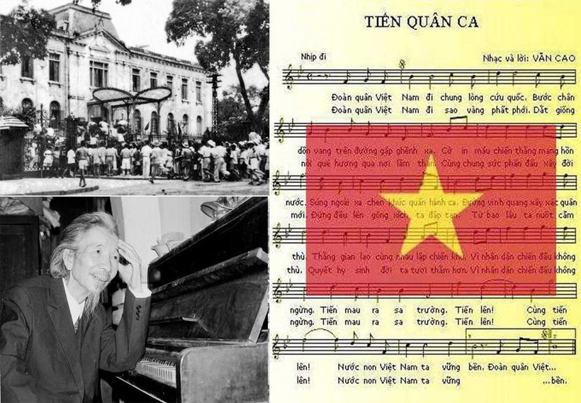 Nhạc sỹ Văn Cao và tác phẩm "Tiến quân ca." (Ảnh: TTXVN)