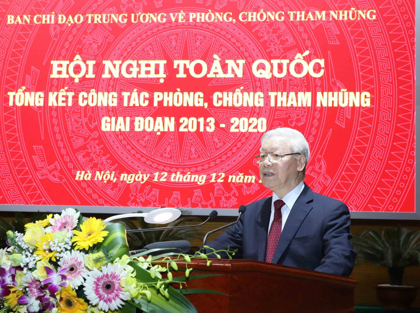 Tổng Bí thư, Chủ tịch nước Nguyễn Phú Trọng phát biểu tại Hội nghị toàn quốc tổng kết công tác phòng, chống tham nhũng giai đoạn 2013-2020 (Hà Nội, 12/12/2020). (Ảnh: TTXVN)