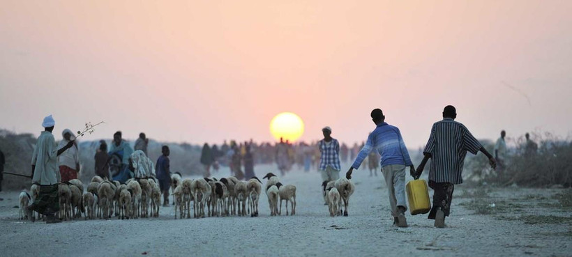 Hai cậu bé xách nước bên cạnh một trại dành cho những người tị nạn gần thị trấn Jowhar, Somalia. (Nguồn: news.un.org)