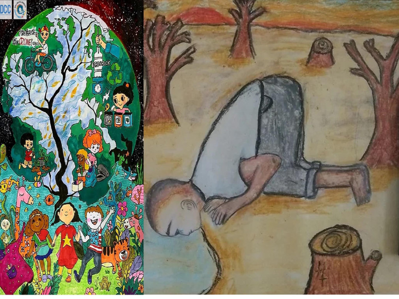 Hình ảnh 2 tác phẩm giành giải nhất cuộc thi sáng tác nghệ thuật với chủ đề “Bảo vệ tầng ozone để bảo vệ khí hậu Trái Đất.” (Ảnh: Cục BĐKH cung cấp) 