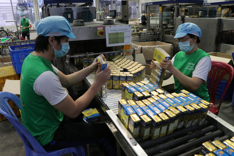 Công nhân Công ty Cổ phần thực phẩm dinh dưỡng Nutifood Bình Dương. (Ảnh: Dương Chí Tưởng/TTXVN)