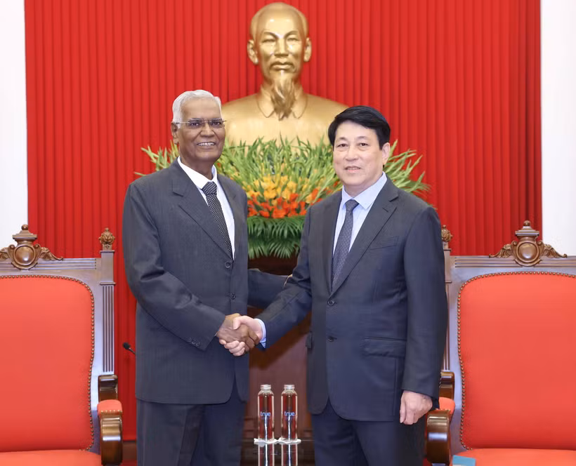 Thường trực Ban Bí thư Lương Cường tiếp Tổng Bí thư Đảng Cộng sản Ấn Độ Doraisamy Raja. (Ảnh: Phương Hoa/TTXVN)