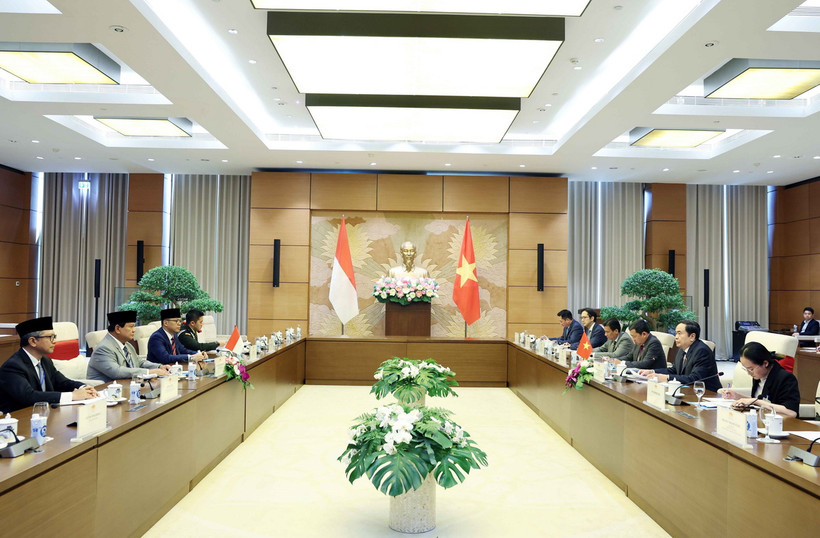 Chủ tịch Quốc hội Trần Thanh Mẫn hội kiến Tổng thống đắc cử Indonesia Prabowo Subianto. (Ảnh: Thống Nhất/ TTXVN)