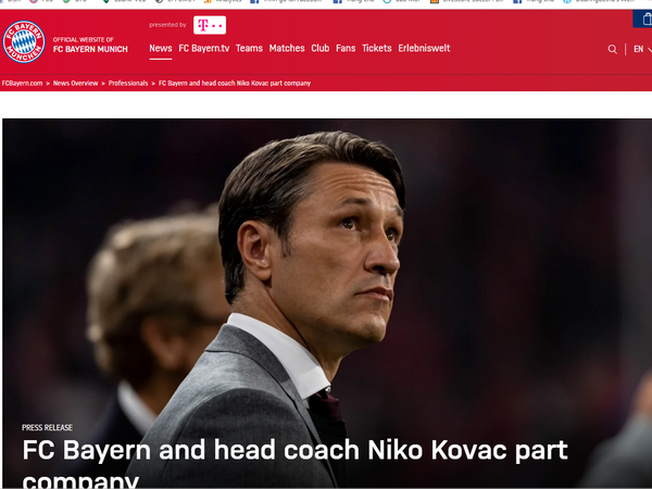 Website của Fc Bayern đăng tải tin "chia tay" Niko Kovac k (Nguồn:Fcb.de)