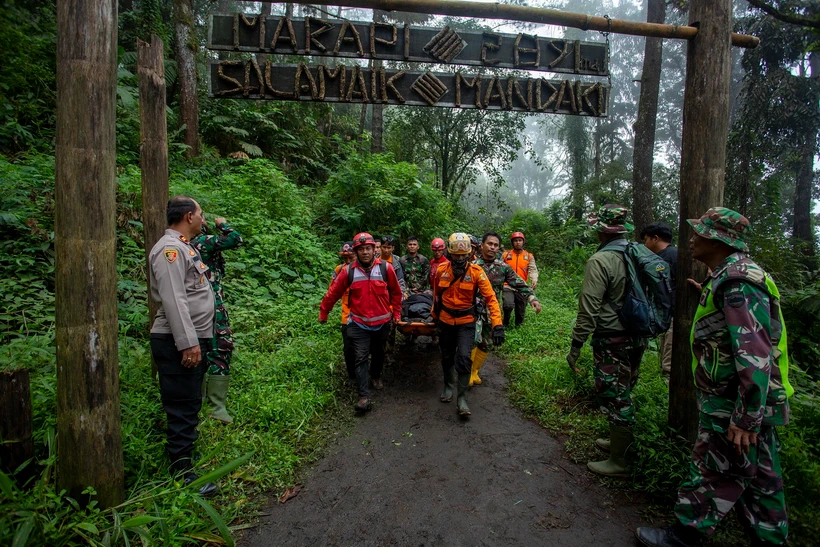 Lực lượng cứu hộ chuyển người bị thương sau khi núi lửa Marapi phun trào, ở Tây Sumatra, Indonesia, ngày 4/12/2023. (Ảnh: THX/TTXVN)