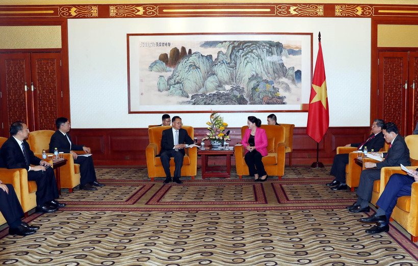 Chủ tịch Quốc hội Nguyễn Thị Kim Ngân tiếp Chủ tịch HĐQT Tập đoàn xây dựng năng lượng Trung Quốc. (Ảnh: Trọng Đức/TTXVN) 