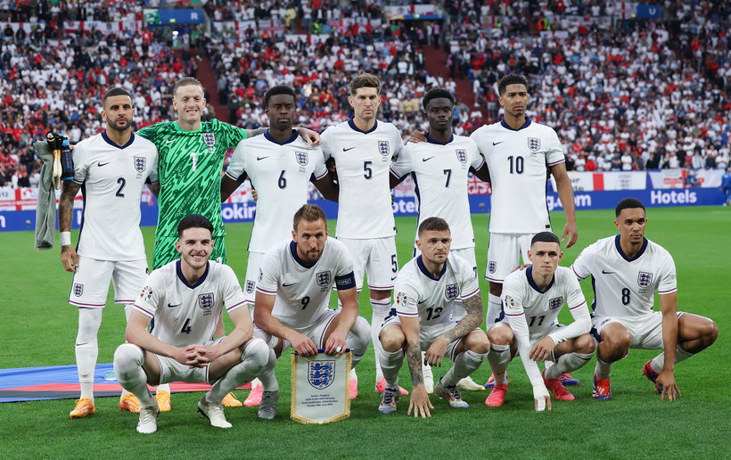 Đội hình tuyển Anh trong trận ra quân Vòng chung kết EURO 2024 bảng C gặp Serbia. (Ảnh: THX/TTXVN)