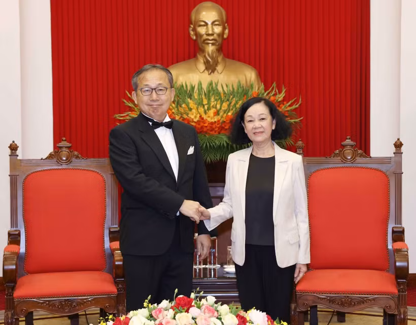 Thường trực Ban Bí thư Trương Thị Mai tiếp Đại sứ Nhật Bản tại Việt Nam Yamada Takio. (Ảnh: Phương Hoa/TTXVN)