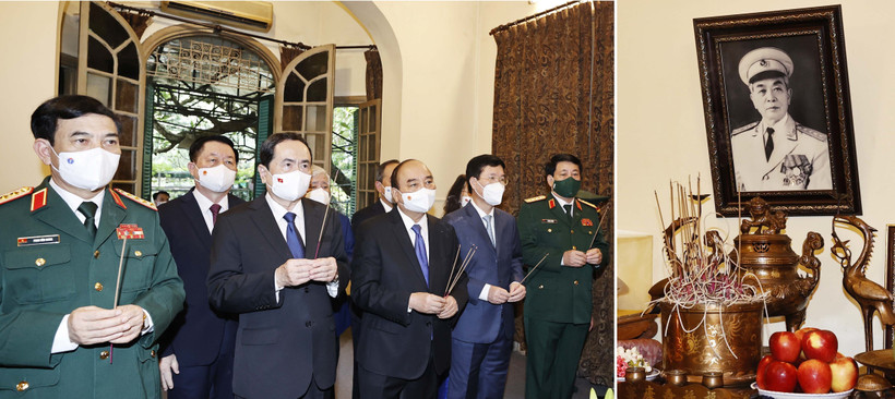 Chủ tịch nước Nguyễn Xuân Phúc dâng hương tưởng nhớ Đại tướng Võ Nguyên Giáp. (Ảnh: Thống Nhất/TTXVN)