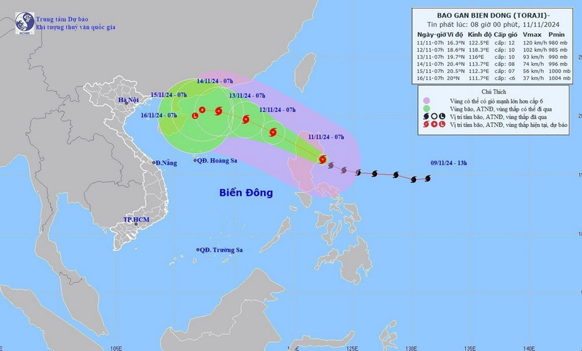 Đường đi của bão TORAJI, lúc 7giờ ngày 11/11/2024. (Ảnh: TTXVN phát)