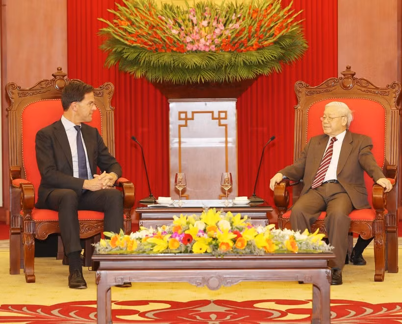 Tổng Bí thư, Chủ tịch nước Nguyễn Phú Trọng tiếp Thủ tướng Vương quốc Hà Lan Mark Rutte. (Ảnh: Trí Dũng/TTXVN)