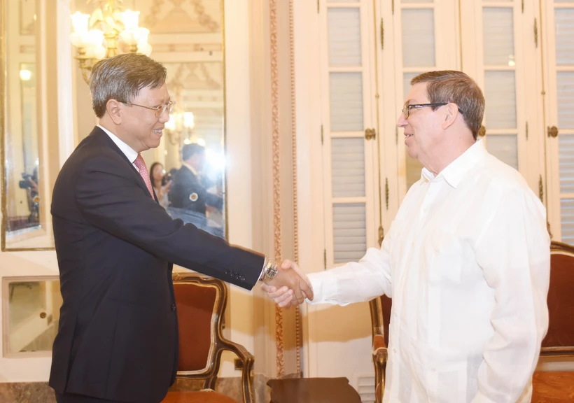 Bộ trưởng Ngoại giao Cuba Bruno Rodríguez Parrilla và Đại sứ Việt Nam tại Cuba Lê Quang Long. (Ảnh: Việt Hùng/TTXVN)
