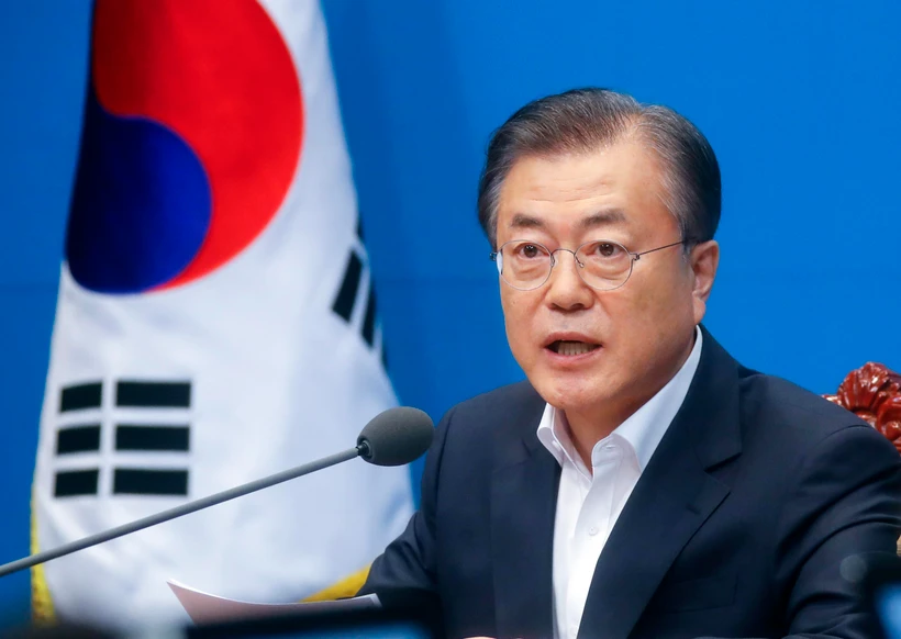 Tổng thống Hàn Quốc Moon Jae-in phát biểu tại cuộc họp ở Seoul ngày 2/8/2019. (Ảnh: Yonhap/TTXVN)