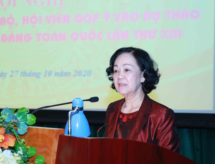 Đồng chí Trương Thị Mai, Uỷ viên Bộ Chính trị, Bí thư Trung ương Đảng, Trưởng Ban Dân vận Trung ương phát biểu chỉ đạo Hội nghị. (Ảnh: Phương Hoa/TTXVN)