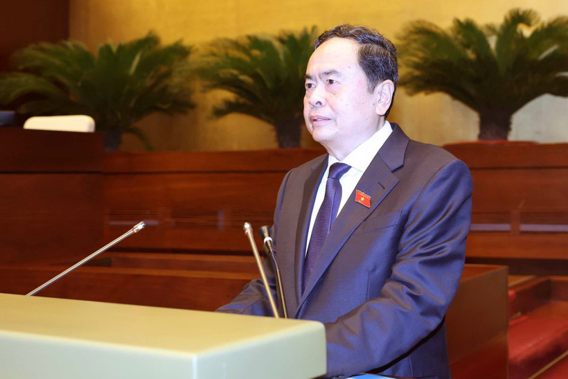 Chủ tịch Quốc hội Trần Thanh Mẫn phát biểu tại Phiên họp giả định "Quốc hội trẻ em" lần thứ hai. (Ảnh: Thống Nhất/TTXVN)