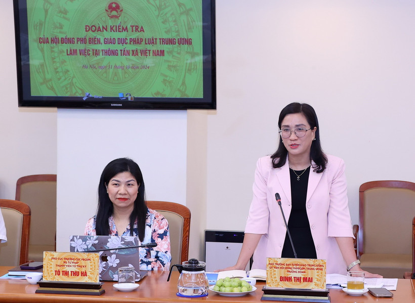 Phó Trưởng Ban Tuyên giáo Trung ương Đinh Thị Mai, Ủy viên Hội đồng phối hợp phổ biến, giáo dục pháp luật Trung ương phát biểu. (Ảnh: Văn Điệp/TTXVN)