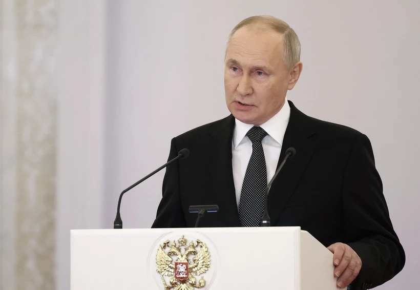 Tổng thống Nga Vladimir Putin phát biểu tại một sự kiện ở Moskva ngày 8/12/2023. (Ảnh: AFP/TTXVN)