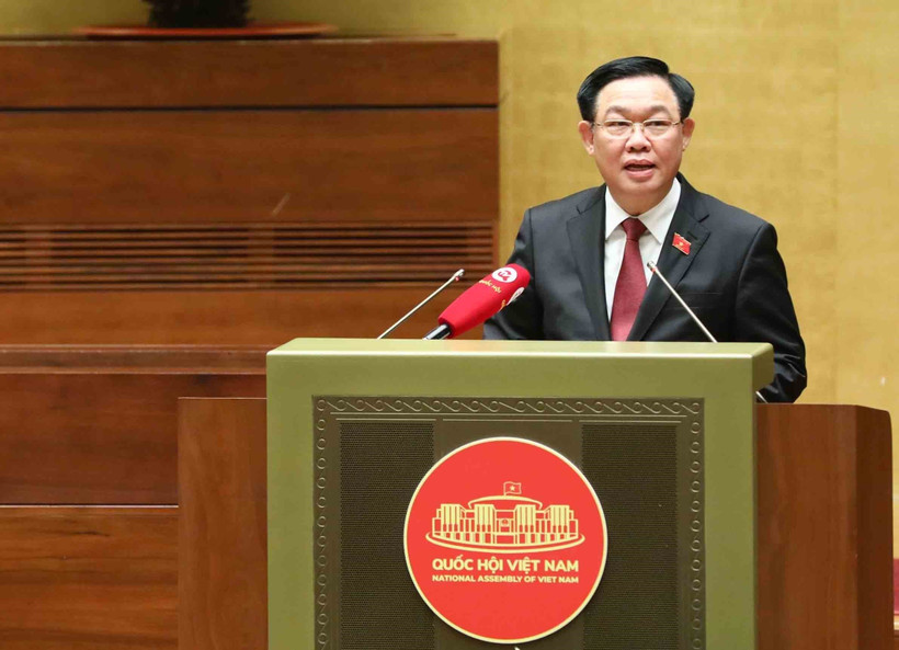 Chủ tịch Quốc hội Vương Đình Huệ phát biểu tại buổi gặp mặt. (Ảnh: Minh Đức/TTXVN)