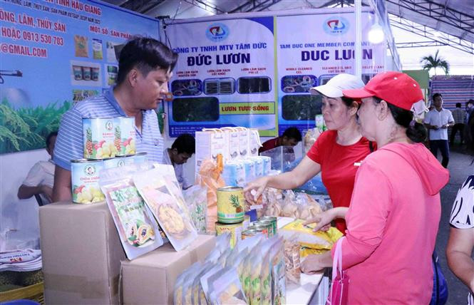Khách tìm hiểu các sản phẩm nông sản chất lượng cao tại Hội chợ. (Ảnh: Xuân Khu/TTXVN)