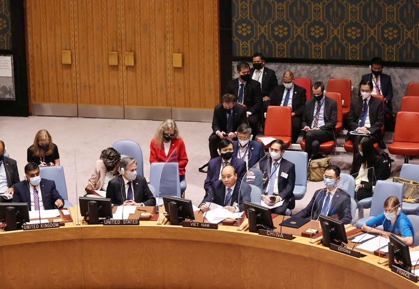 Chủ tịch nước Nguyễn Xuân Phúc phát biểu tại Phiên họp cấp cao của Hội đồng Bảo an Liên hợp quốc về an ninh khí hậu. (Ảnh: Thống Nhất/TTXVN)