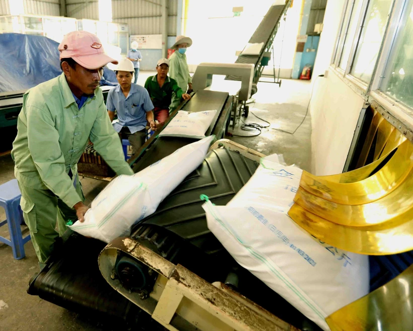 Đóng gói gạo xuất khẩu tại Công ty lương thực An Giang. (Ảnh: TTXVN)