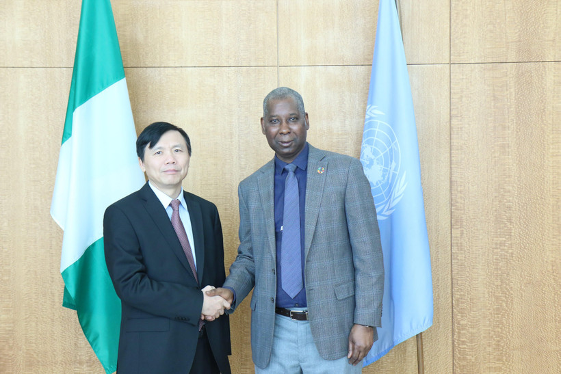Đại sứ Đặng Đình Quý gặp ông Tijjani Muhammad Bande, Chủ tịch Đại hội đồng Liên Hợp Quốc. (Ảnh: Hữu Thanh/TTXVN)
