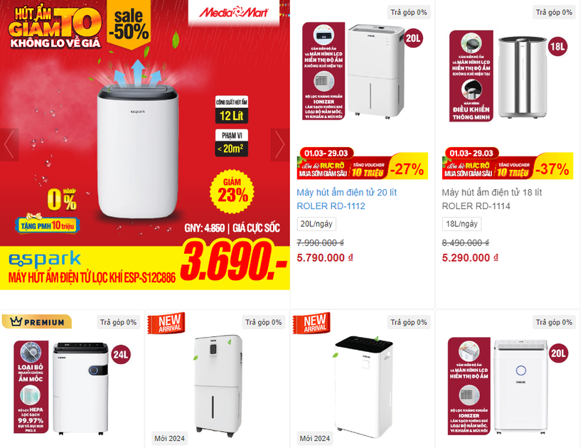 Siêu thị MediaMart khuyến mại máy hút ẩm. (Ảnh chụp màn hình)