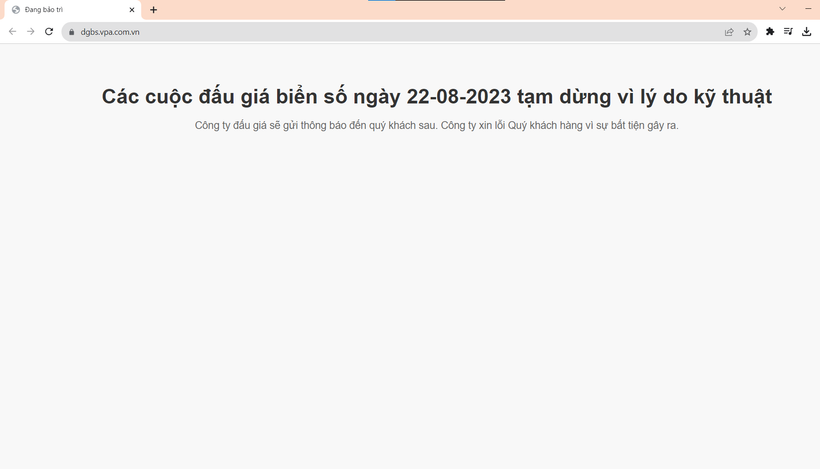 Trang web đấu giá biển ôtô số đẹp đã sập ngay trong ngày đầu tiên. (Ảnh chụp màn hình)