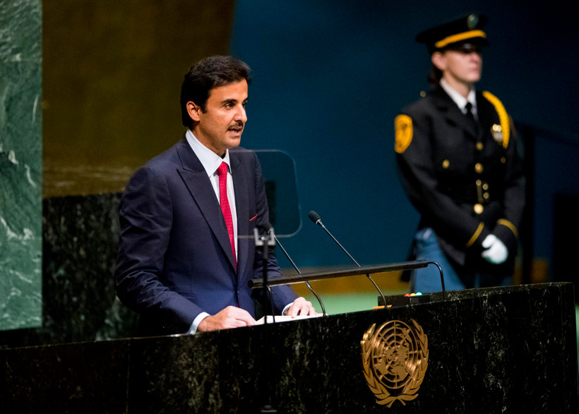 Quốc vương Qatar, Sheikh Tamim bin Hamad al-Thani phát biểu tại phiên họp Đại hội đồng Liên hợp quốc ở New York. Mỹ ngày 25/9. (Ảnh: THX/TTXVN) 