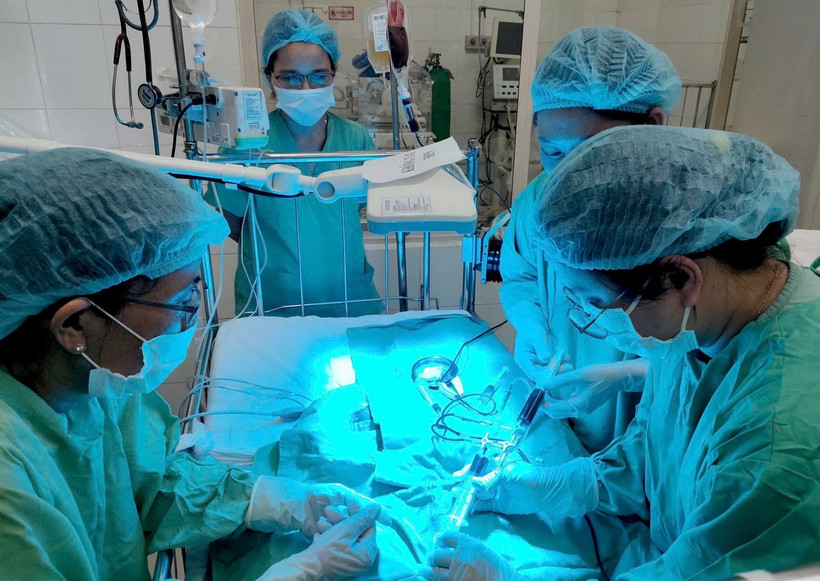 Điều trị cho ca bệnh sơ sinh bị vàng da tan máu nặng hiếm gặp. (Ảnh: TTXVN phát)