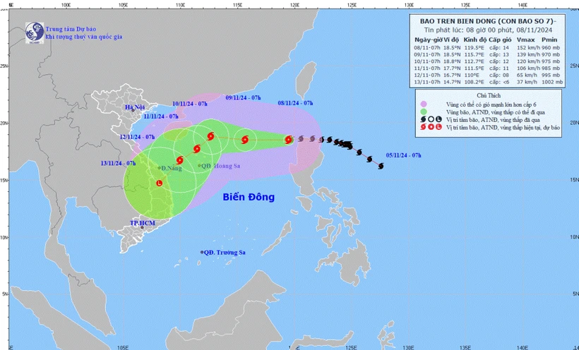 Hình ảnh đường đi của cơn bão Yinxing cập nhật lúc 5h ngày 8/11. (Nguồn: nchmf)