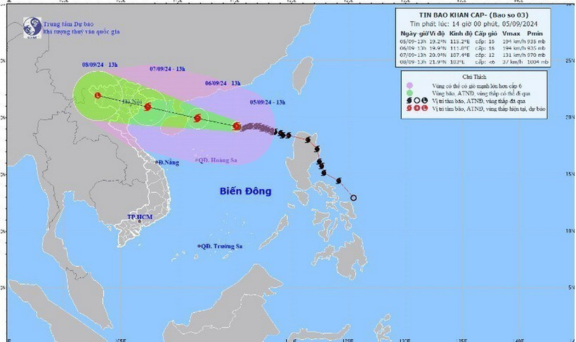 Đường đi của Bão số 3 lúc 13 giờ ngày 5/9/2024. (Ảnh: TTXVN phát)