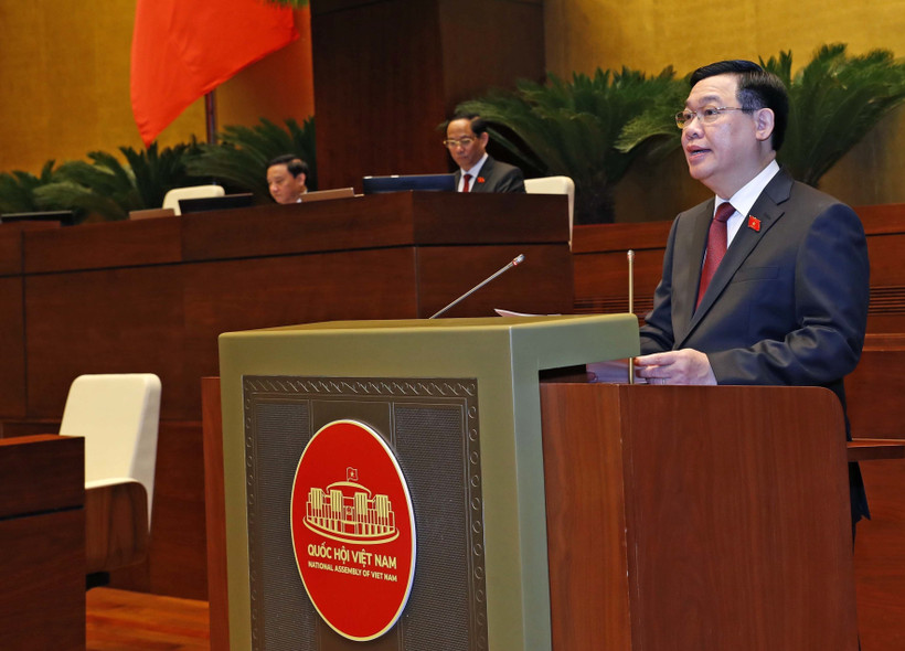 Chủ tịch Quốc hội Vương Đình Huệ phát biểu khai mạc Kỳ họp bất thường lần thứ 5, Quốc hội khóa XV. (Ảnh: Nhan Sáng/TTXVN)