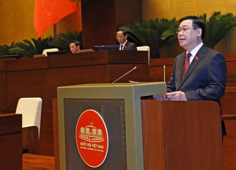 Chủ tịch Quốc hội Vương Đình Huệ phát biểu khai mạc Kỳ họp bất thường lần thứ 5, Quốc hội khóa XV. (Ảnh: Nhan Sáng/TTXVN)