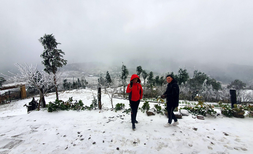 Du khách thích thú với mưa tuyết tại Y Tý. (Ảnh: Quốc Khánh/TTXVN)
