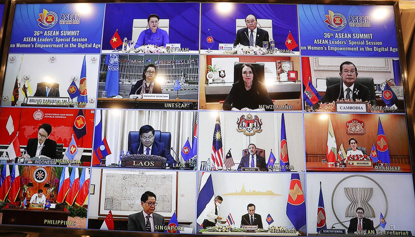 Quang cảnh Phiên họp đặc biệt của các nhà Lãnh đạo ASEAN tại Hội nghị Cấp cao ASEAN 36 về tăng quyền năng phụ nữ trong thời đại số. (Ảnh: TTXVN)