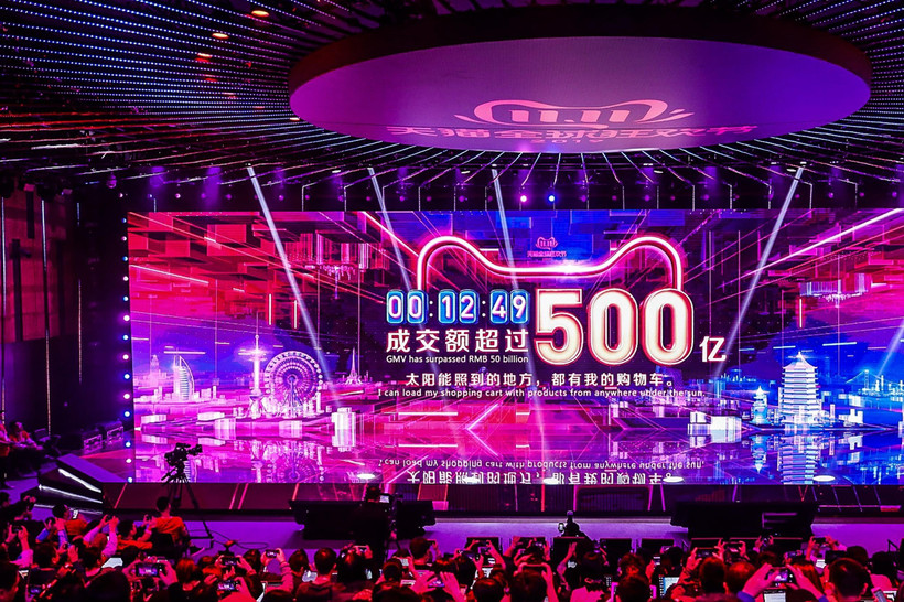 Màn hình hiển thị con số giao dịch mua sắm trong ngày Độc thân tại Hàng Châu, Trung Quốc, ngày 11/11/2019. (Ảnh: AFP/TTXVN)