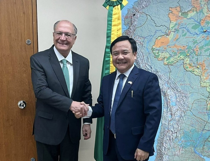 Đại sứ Việt Nam Bùi Văn Nghị và Phó Tổng thống Brazil Geraldo Alckmin tại buổi làm việc ngày 19/6. (Ảnh: TTXVN phát)