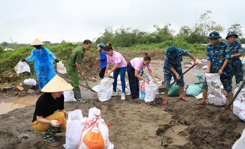 Lực lượng chức năng cùng người dân xã Đại Áng (huyện Thanh Trì, Hà Nội) chuẩn bị gần 10.000 bao tải cát, đóng cọc để gia cố đê tả sông Nhuệ đoạn qua Trạm bơm Hòa Bình. (Ảnh: TTXVN phát)