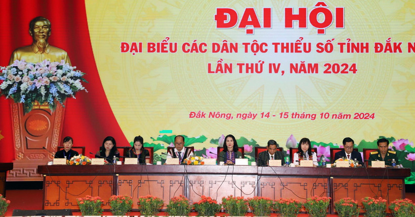 Đoàn Chủ tịch Đại hội Đại biểu các dân tộc thiểu số tỉnh Đắk Nông lần thứ IV, năm 2024. (Ảnh: Hưng Thịnh/TTXVN)